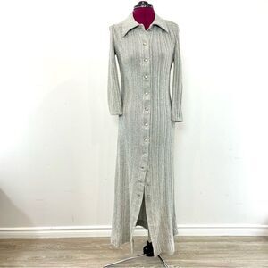 Vintage Gay Gibson Gray Silver Treads Maxi Dress Button Up Cardigan Dress 1970
